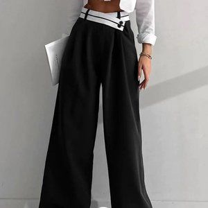 Commense Asymmetrical Waistband Wide Leg Pants - Black